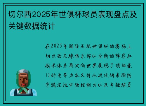 切尔西2025年世俱杯球员表现盘点及关键数据统计