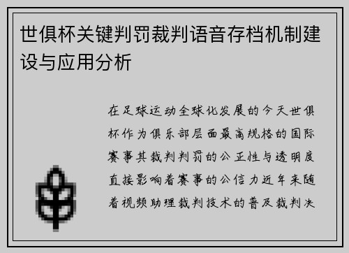 世俱杯关键判罚裁判语音存档机制建设与应用分析